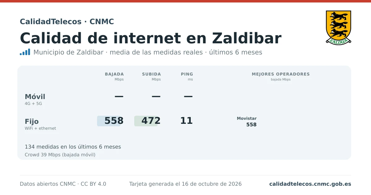 Internet quality card for Zaldibar: average download, upload and ping on mobile, WiFi and browser, with the best operators, from real CNMC speed test measurements